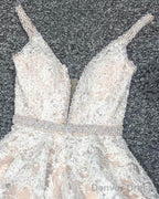 Ivory Lace Plunging V Neck Homecoming Dresses
