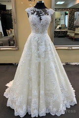 Ivory Lace Round Neck Cap Sleeve Sweep Train Custom Size Wedding Dress, Formal Prom Dress