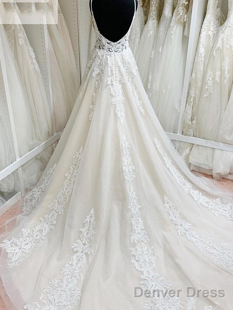 Ivory Lace Tulle V-Neck Backless Floor-Length Spaghetti Straps A-Line Wedding Dress Prom Dresses Secondary image