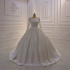 Ivory Long Sleevess Jewel Ruffless Flowers Bedaings Wedding Dresses