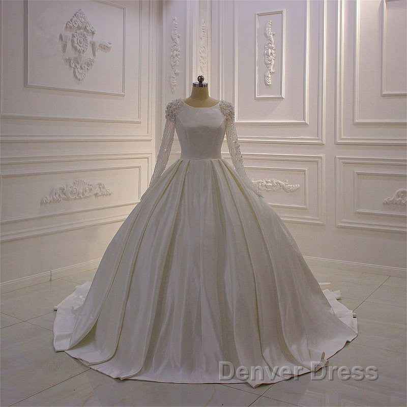 Ivory Long Sleevess Jewel Ruffless Flowers Bedaings Wedding Dresses