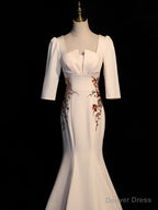 Ivory Mermaid Short Sleeves Wedding Prom Dress, Ivory Long Prom Dress