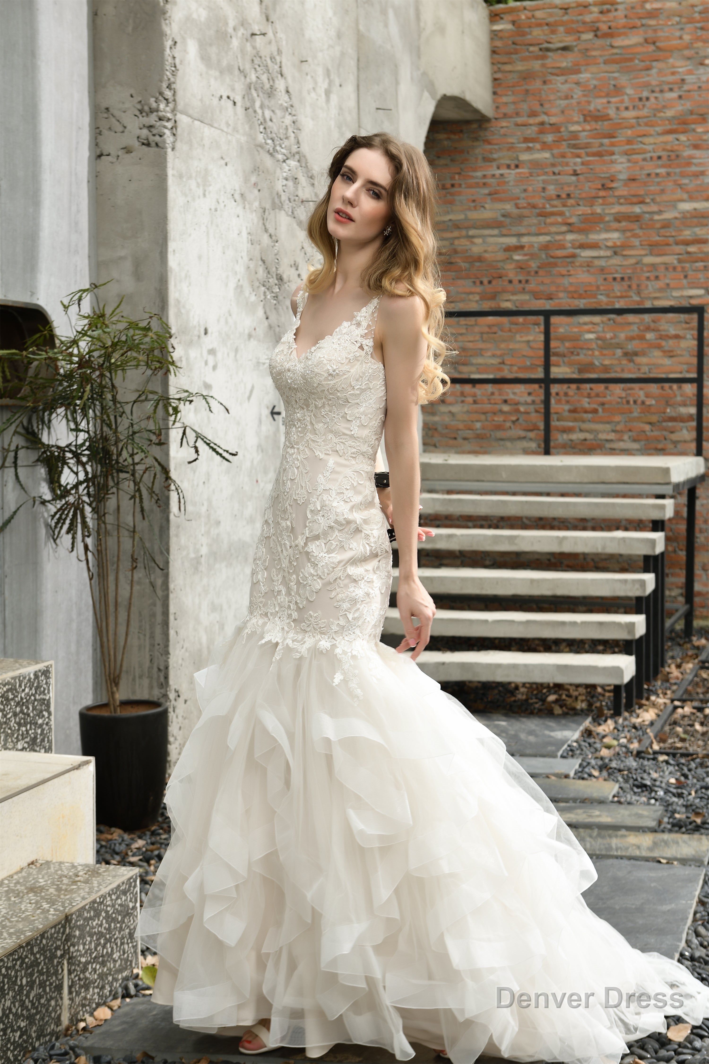 Ivory Mermaid Tulle Lace Appliques V Neck Wedding Dresses with Cascading Ruffles
