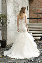Ivory Mermaid Tulle Lace Appliques V-neck Wedding Dresses with Cascading Ruffles