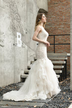 Ivory Mermaid Tulle Lace Appliques V-neck Wedding Dresses with Cascading Ruffles