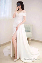 Ivory Off The Shoulder Satin Wedding Dress With Slit