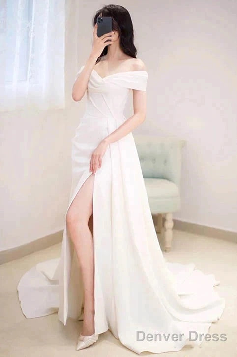 Ivory Off The Shoulder Satin Wedding Dress With Slit