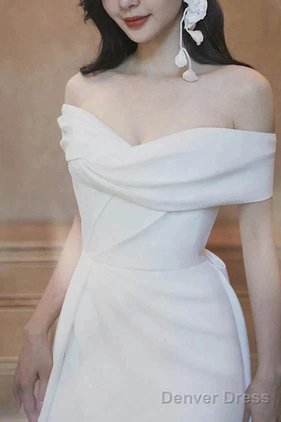 Ivory Off The Shoulder Satin Wedding Dress With Slit