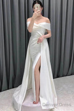 Ivory Off The Shoulder Satin Wedding Dress With Slit