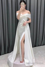 Ivory Off The Shoulder Satin Wedding Dresses With Slit