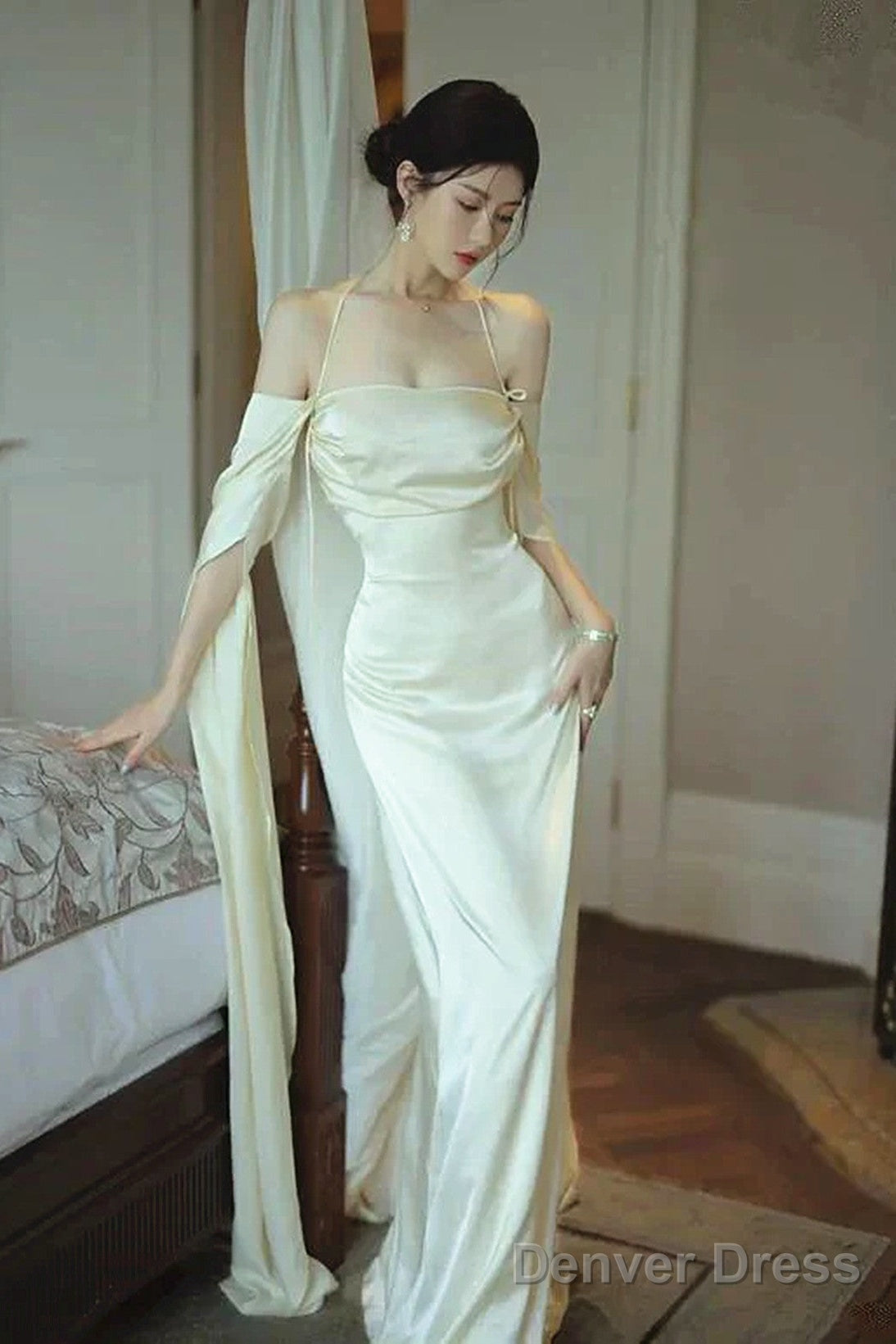 Ivory Satin Long Simple Evening Dress, Ivory Long Prom Dress Party Dress Main image