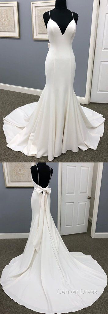 Ivory Satin Spaghetti Straps Open Back Sweet Train Wedding Dresses, Formal Prom Dresses