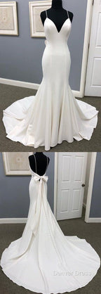 Ivory Satin Spaghetti Straps Open Back Sweet Train Wedding Dress, Prom Dresses