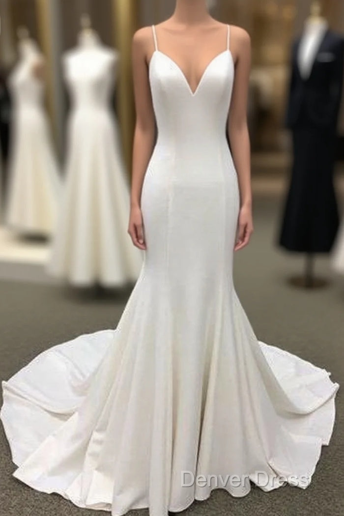 Ivory Satin Spaghetti Straps Open Back Sweet Train Wedding Dress, Prom Dresses