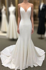 Ivory Satin Spaghetti Straps Open Back Sweet Train Wedding Dresses, Formal Prom Dresses