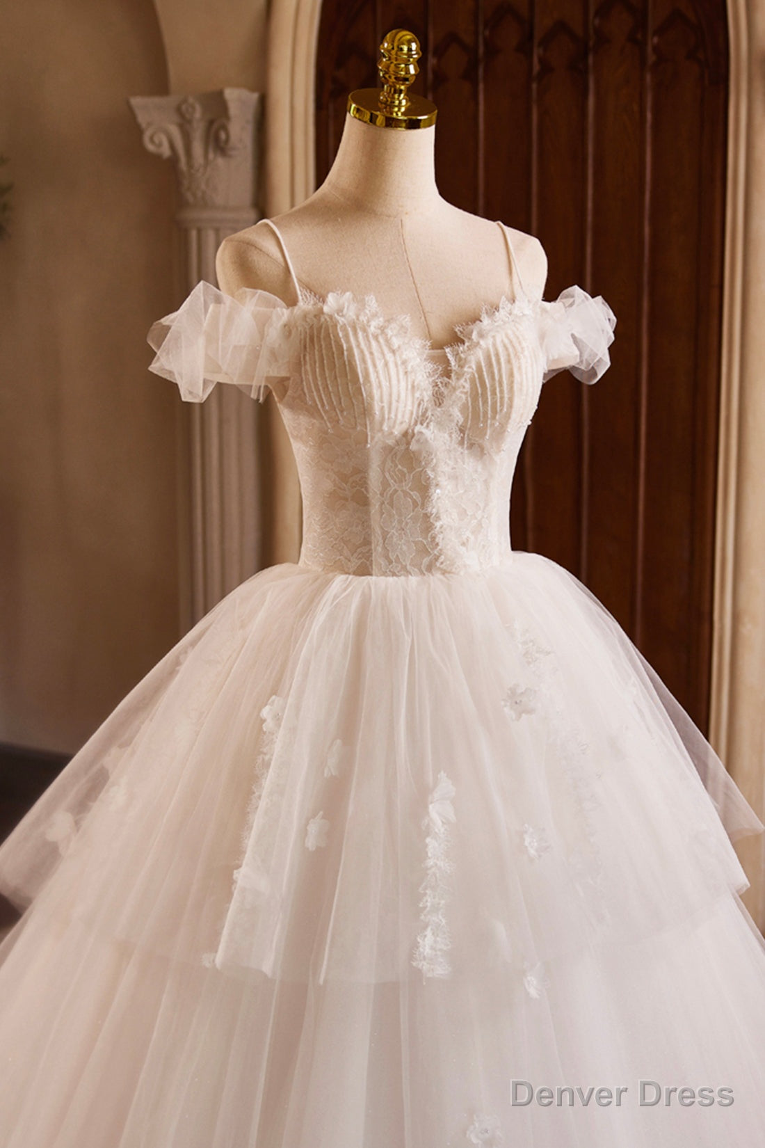 Ivory Spaghetti Strap Lace Beaded Prom Dress, Ivory Floor Length A Line Prom Dresses