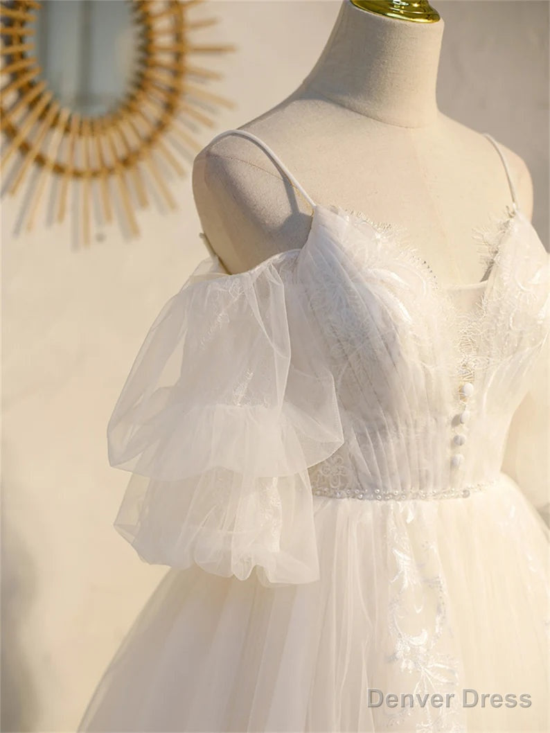 Ivory Spaghetti Strap V Neck Lace Homecoming Dress, Tulle Short Prom Dresses