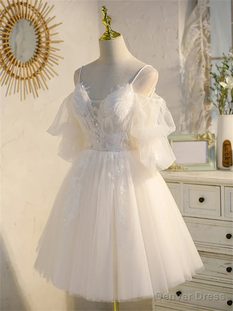 Ivory Spaghetti Strap V Neck Lace Homecoming Dress, Tulle Short Prom Dresses