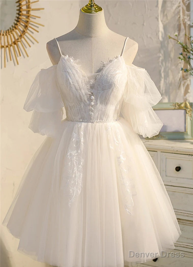 Ivory Spaghetti Strap V Neck Lace Homecoming Dress, Tulle Short Prom Dresses