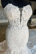 Ivory Strapless Floral Lace Trumpet Long Bridal Gown Wedding Dresses
