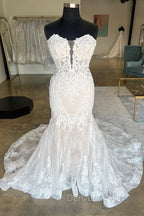 Ivory Strapless Floral Lace Trumpet Long Bridal Gown Wedding Dresses