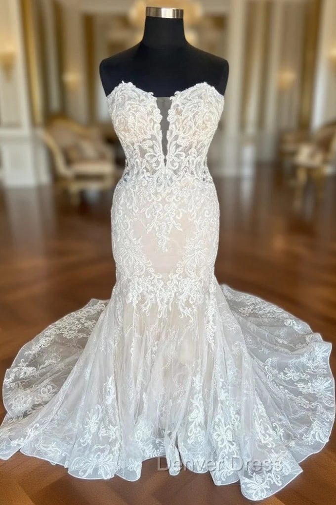 Ivory Strapless Floral Lace Trumpet Long Bridal Gown Wedding Dresses Main image