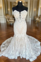 Ivory Strapless Floral Lace Trumpet Long Bridal Gowns Wedding Dresses