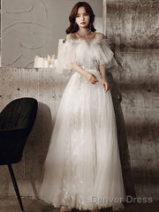 Ivory Sweetheart Neck Tulle Lace Long Prom Dress, Tulle Formal Party Dress