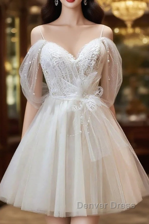 Ivory Sweetheart Tulle Short Party Dresses, Ivory Tulle With Lace Homecoming Dresses Main image