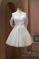 Ivory Sweetheart Tulle Short Party Dress, Ivory Tulle With Lace Homecoming Dress