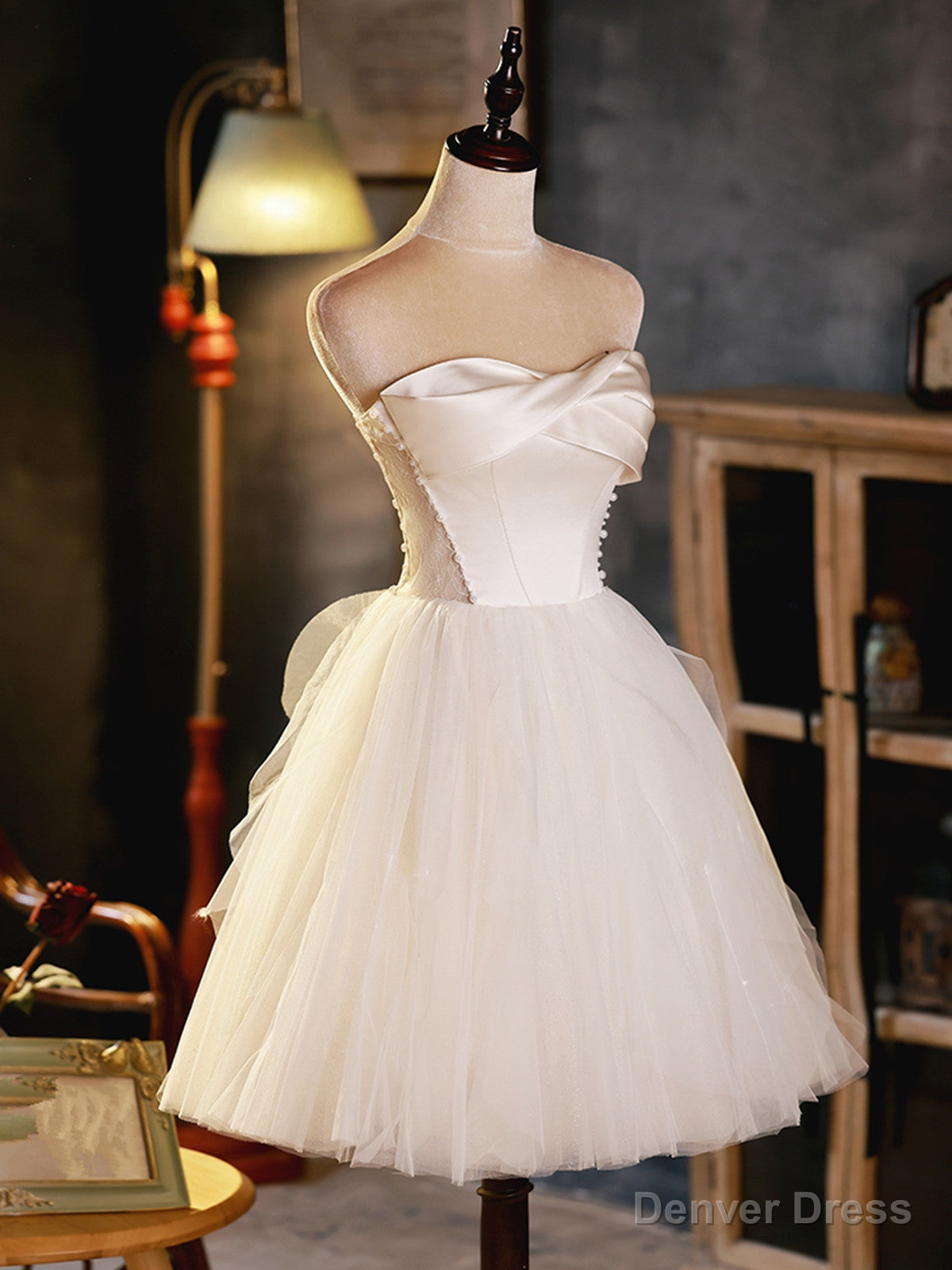 Ivory Tulle and Satin Short Prom Dress, Ivory Homecoming Dress Graduation Dresses Main image