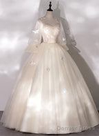 Ivory Tulle Ball Gown Long Sweet 16 Dress, Ivory Long Sleeves Party Dress Prom Dress