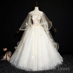 Ivory Tulle Ball Gown Sweet 16 Dresses With Lace, Glam Long Evening Gown Formal Dresses
