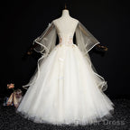 Ivory Tulle Ball Gown Sweet 16 Dresses With Lace, Glam Long Evening Gown Formal Dresses