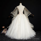 Ivory Tulle Ball Gowns Sweet 16 Dress With Lace, Glam Long Prom Gowns Prom Dresses