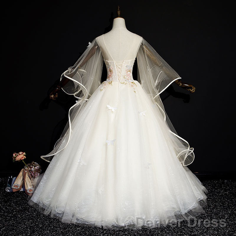 Ivory Tulle Ball Gowns Sweet 16 Dress With Lace, Glam Long Prom Gowns Prom Dresses