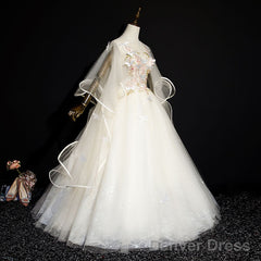 Ivory Tulle Ball Gown Sweet 16 Dresses With Lace, Glam Long Evening Gown Formal Dresses