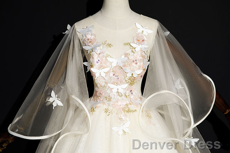 Ivory Tulle Ball Gowns Sweet 16 Dress With Lace, Glam Long Prom Gowns Prom Dresses