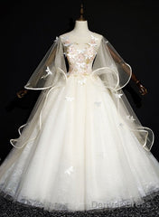 Ivory Tulle Ball Gown Sweet 16 Dresses With Lace, Glam Long Evening Gown Formal Dresses