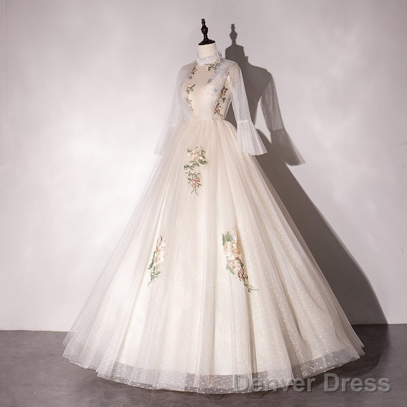 Ivory Tulle High Neckline Long Prom Dress With Lace Applique, Ball Gowns Sweet 16 Dresses