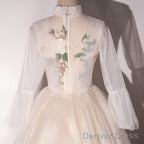 Ivory Tulle High Neckline Long Prom Dress With Lace Applique, Ball Gowns Sweet 16 Dresses