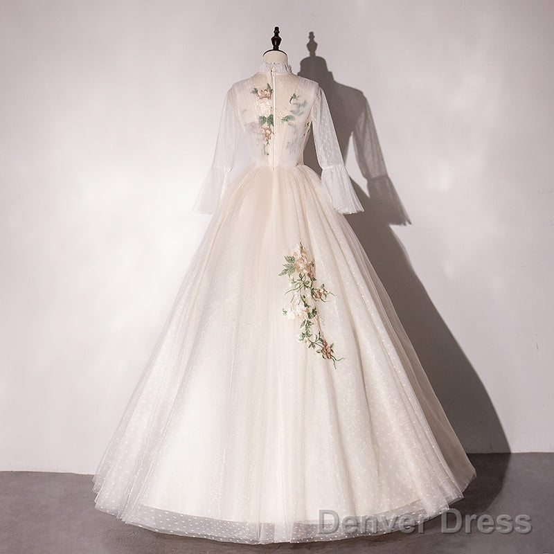 Ivory Tulle High Neckline Long Prom Dress With Lace Applique, Ball Gowns Sweet 16 Dresses
