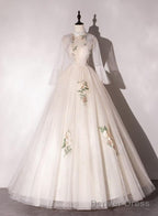 Ivory Tulle High Neckline Long Prom Dress With Lace Applique, Ball Gowns Sweet 16 Dresses