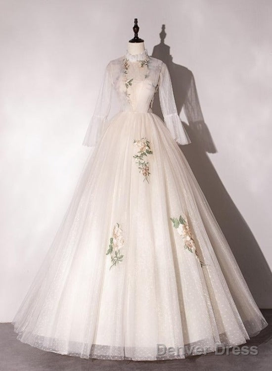 Ivory Tulle High Neckline Long Prom Dress With Lace Applique, Ball Gowns Sweet 16 Dresses