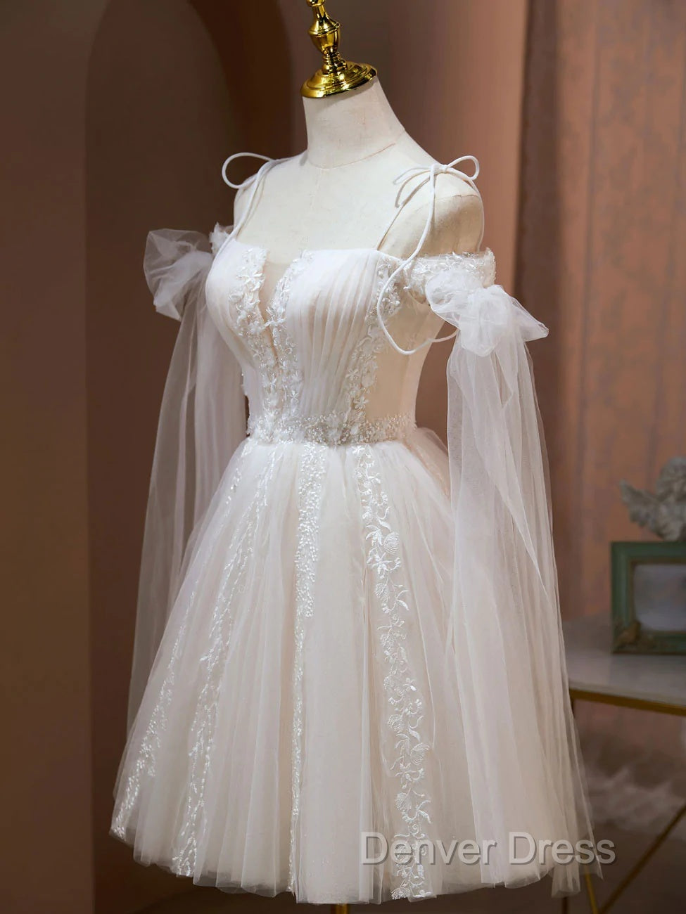 Ivory Tulle Knee Length With Lace Short Prom Dresses, Cute Ivory Party Dresses Secondary image