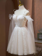 Ivory Tulle Knee Length With Lace Short Prom Dresses, Cute Ivory Party Dresses