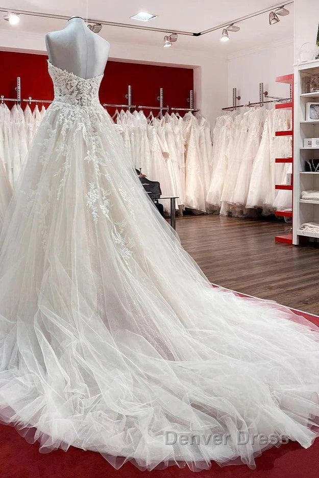 Ivory Tulle Lace Wedding Dress A Line Sweetheart Bridal Dresses With Sweep Train Off Shoulder