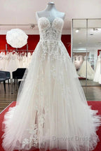 Ivory Tulle Lace Wedding Dresses A-Line Sweetheart Bridal Dresses With Sweep Train Off Shoulder