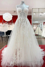 Ivory Tulle Lace Wedding Dress A Line Sweetheart Bridal Dresses With Sweep Train Off Shoulder