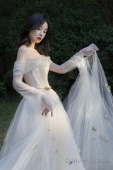 Ivory Tulle Long Sleeve Prom Dress, A-Line Evening Dress With Butterfly